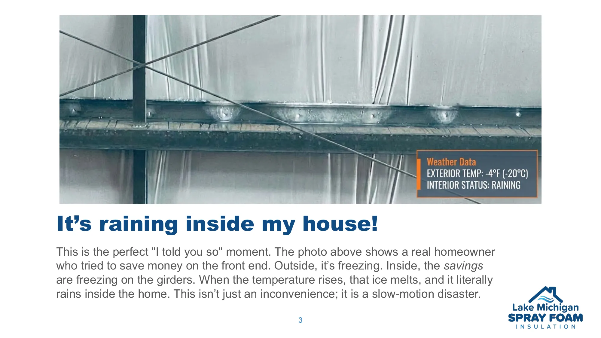 Real homeowner photo showing ice forming inside on steel girders - it's raining inside the house